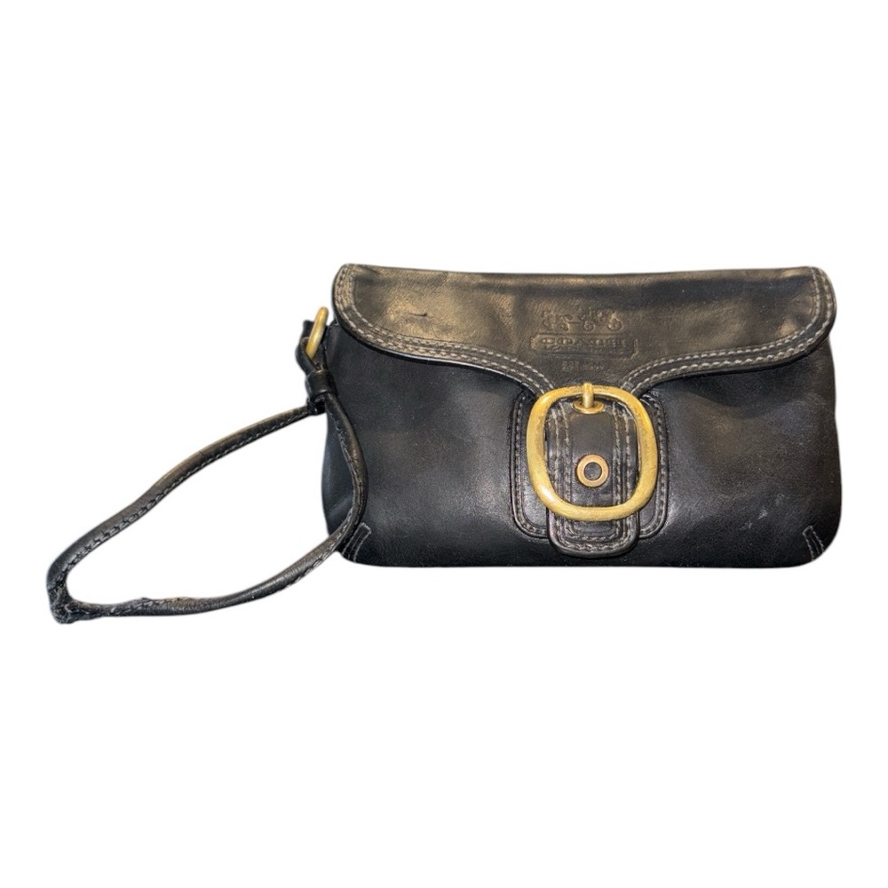 Coach Vintage Black Leather Tattersall interior wristlet brass buckle AR 6